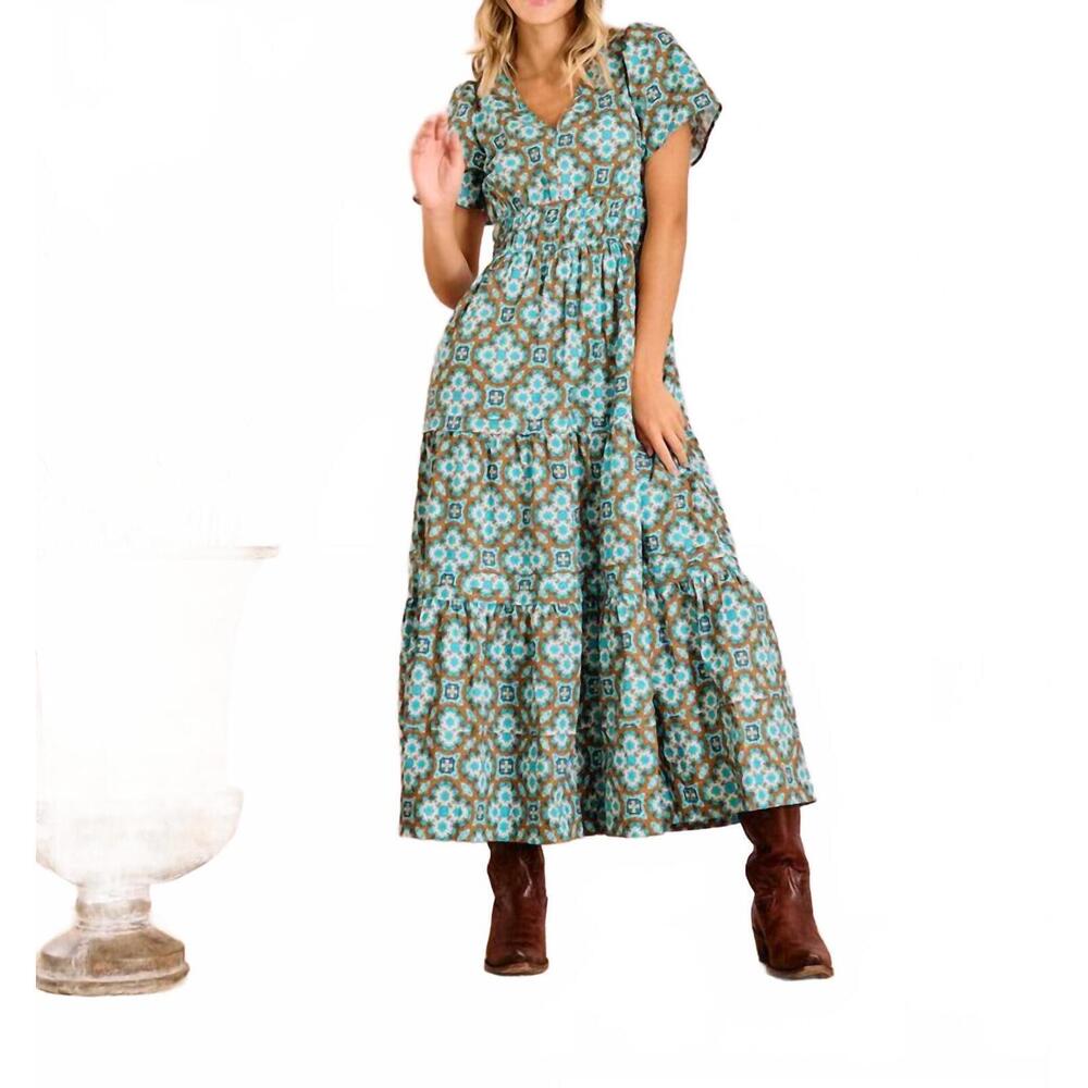 NEW BROOKS AVENUE poppy deep v maxi dress in quatrefoil brown